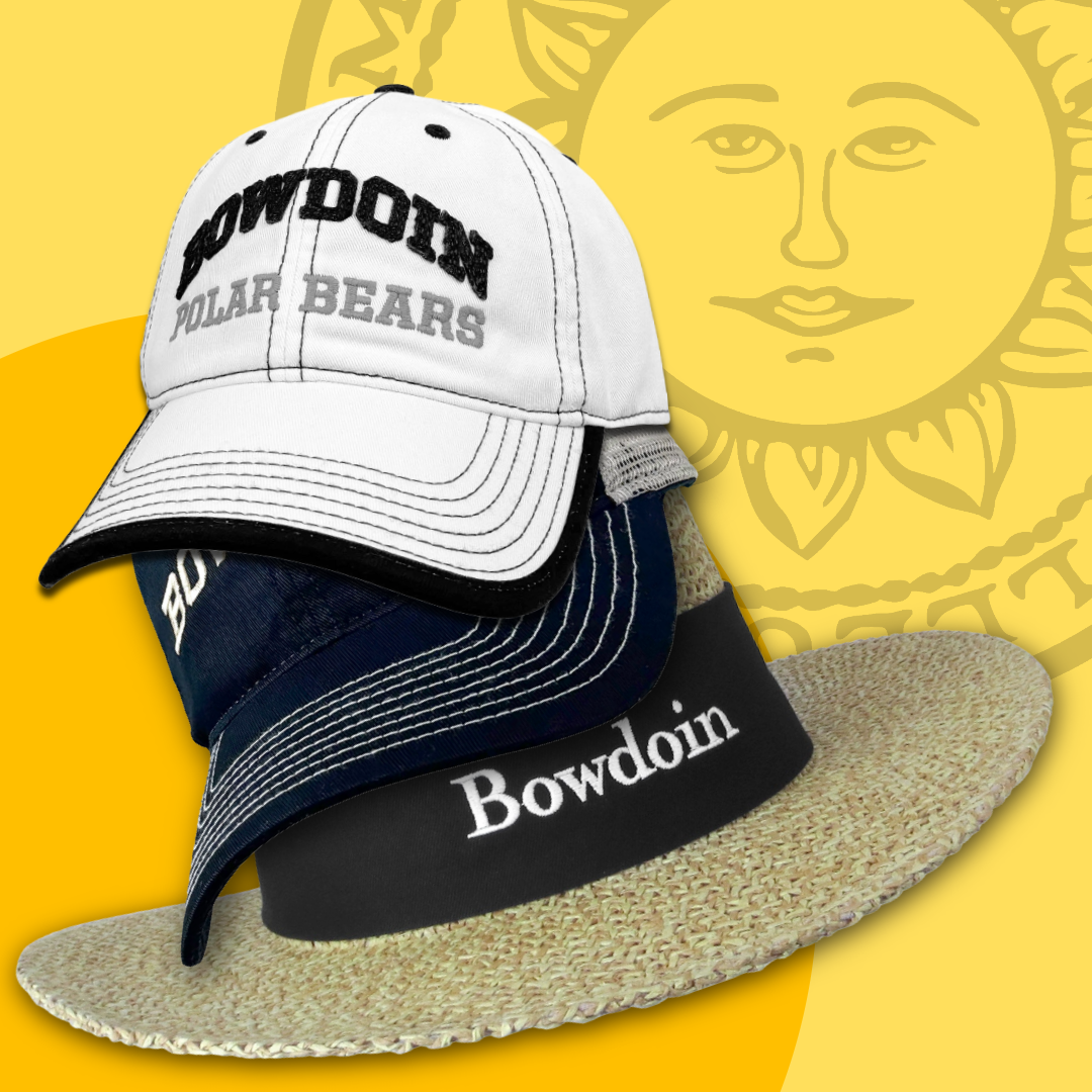 Collection of hats with 'Bowdoin' branding on a yellow background with a sun design.