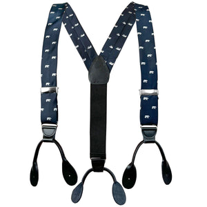 Navy blue suspenders with all-over print of white polar bears.