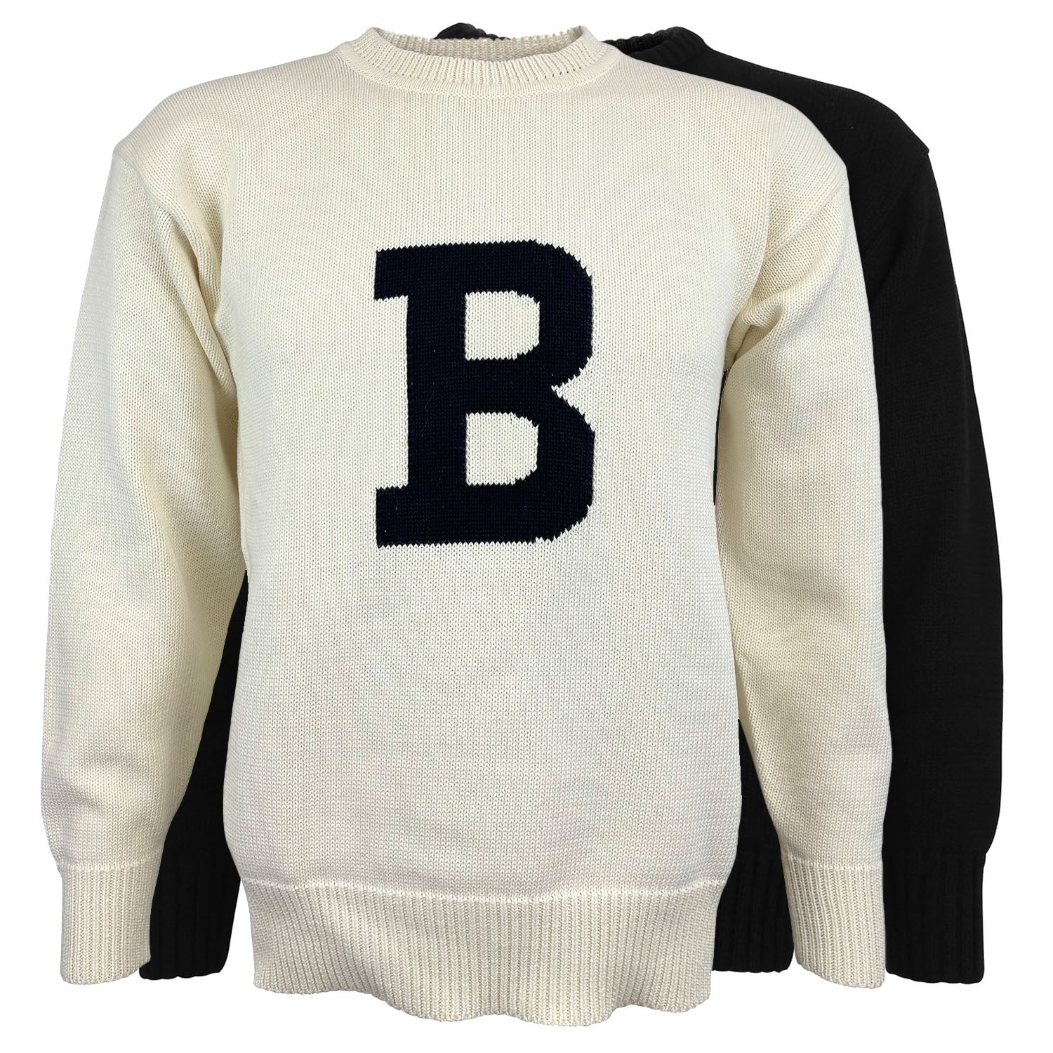 Two knit sweaters with B on chest, one in ivory, one in black.