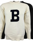 Two knit sweaters with B on chest, one in ivory, one in black.
