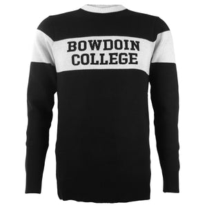 Black knit sweater with white collar and white band across chest and upper arms. Chest stripe has BOWDOIN COLLEGE knit in black.