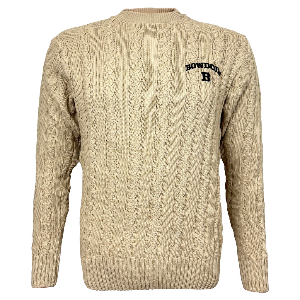 Beige cable knit sweater with black embroidery on left chest of BOWDOIN arched over B.