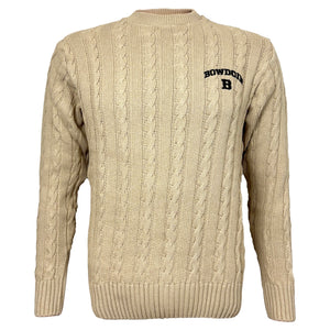 Beige cable knit sweater with black embroidery on left chest of BOWDOIN arched over B.