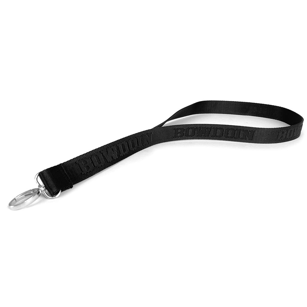 Black lanyard with woven-in repeating black BOWDOIN design  and metal clip.