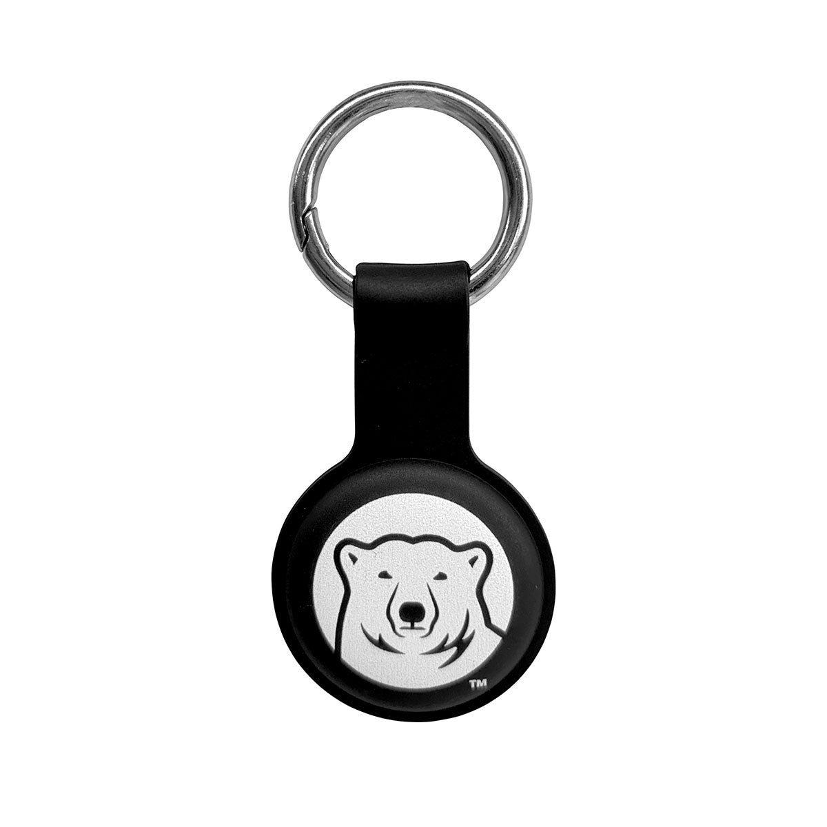 Black keychain with bear logo on a white background