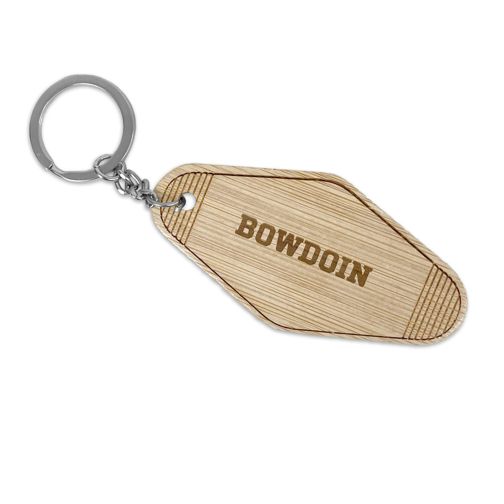 Bamboo motel-shape keytag with laser engraved BOWDOIN and metal key ring.