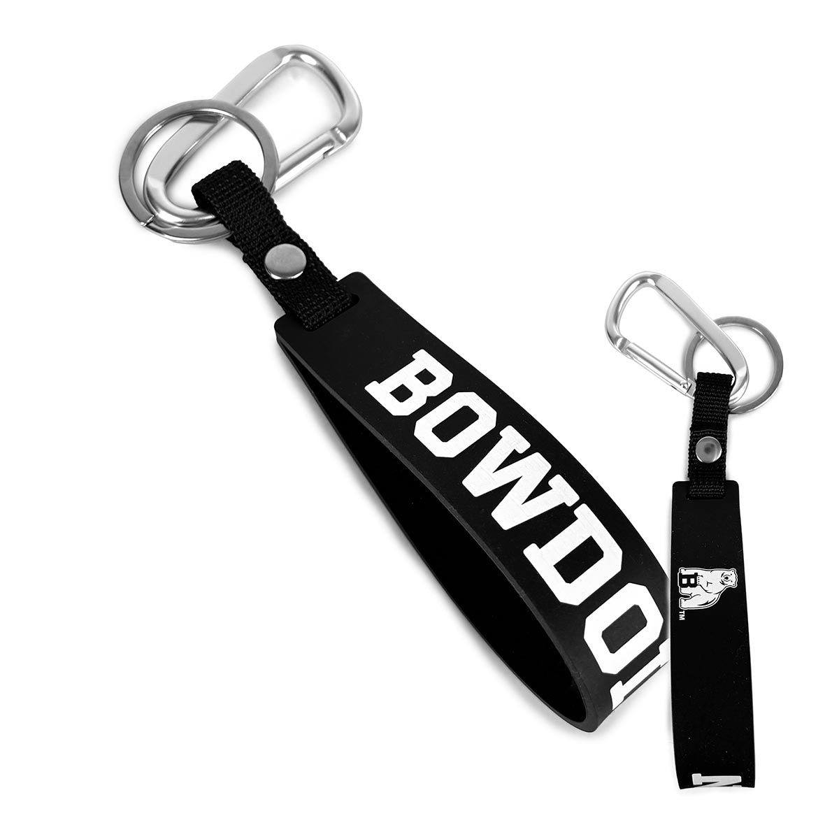 Black keychain with 'BOWDOIN' branding on a white background
