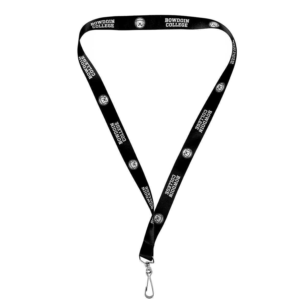 Black lanyard with 'Bowdoin College' text and polar bear logo on a white background