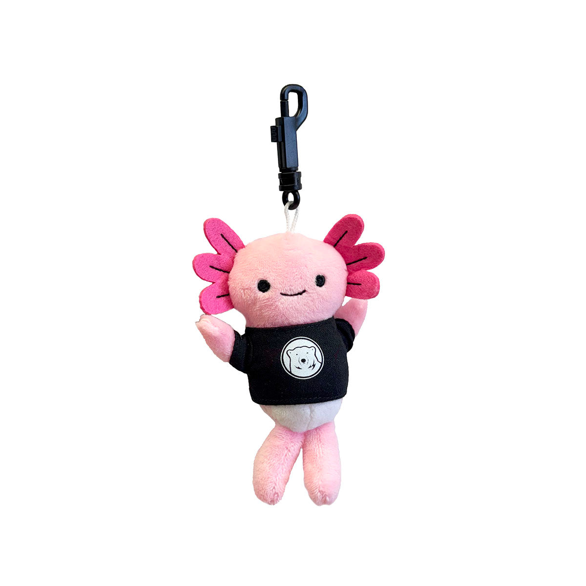Plush axolotl keychain with a black shirt on a white background
