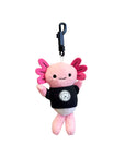Plush axolotl keychain with a black shirt on a white background