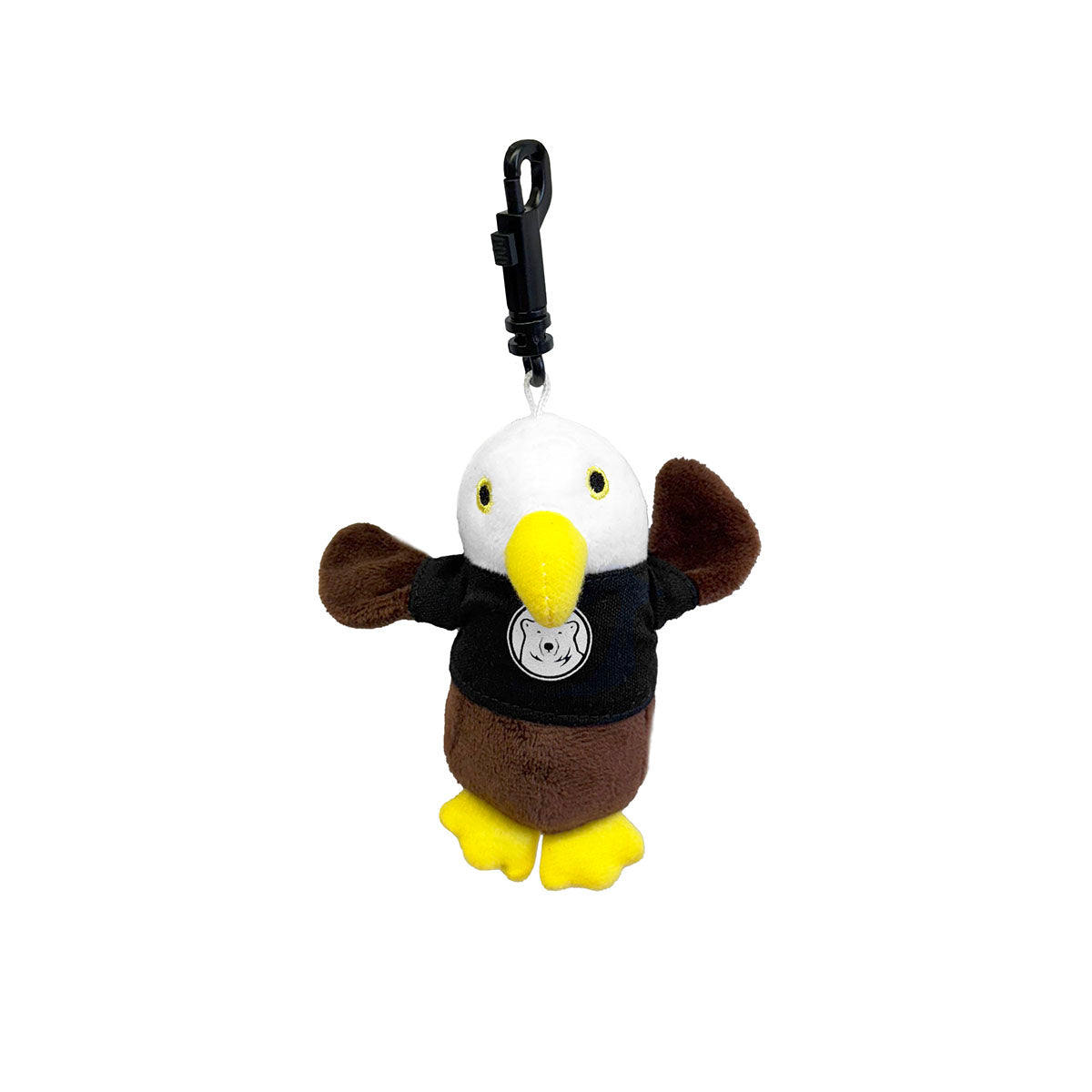 Plush eagle keychain with a black shirt on a white background