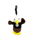 Plush eagle keychain with a black shirt on a white background