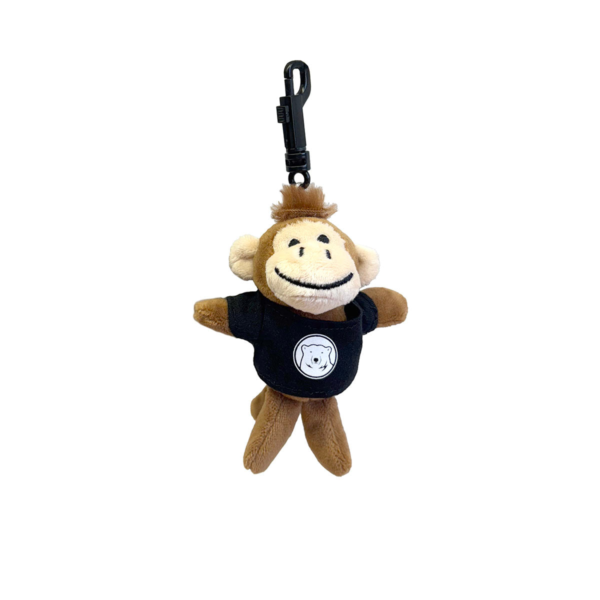 Plush monkey keychain with a black shirt on a white background