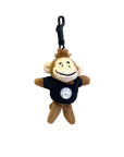 Plush monkey keychain with a black shirt on a white background