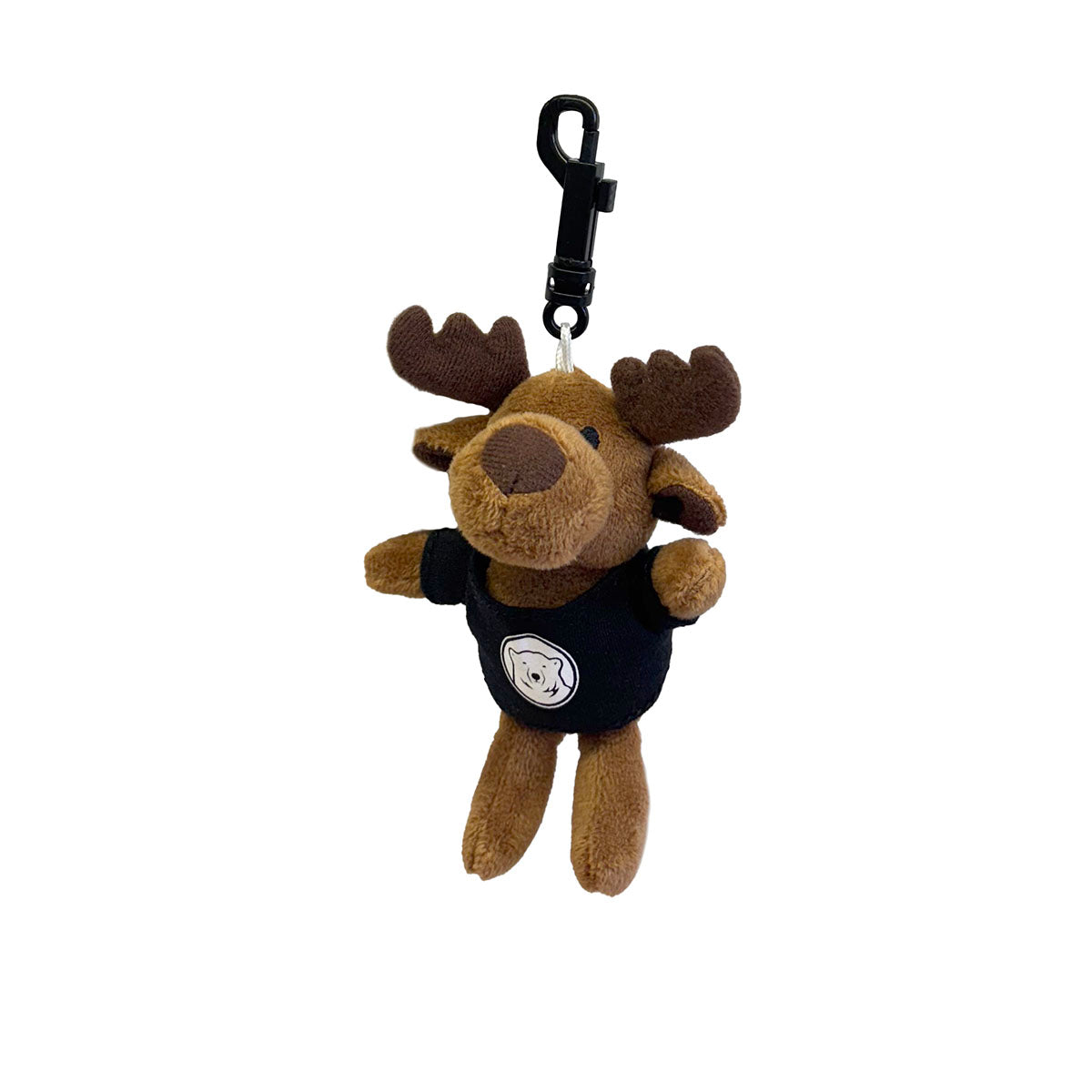 Plush moose keychain with a black tag on a white background