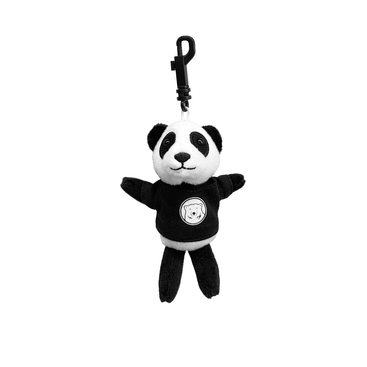 Plush panda keychain with a black shirt on a white background