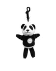 Plush panda keychain with a black shirt on a white background