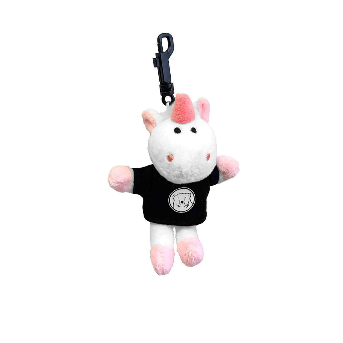 Plush keychain shaped like a unicorn with a black shirt on a white background