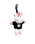 Plush keychain shaped like a unicorn with a black shirt on a white background