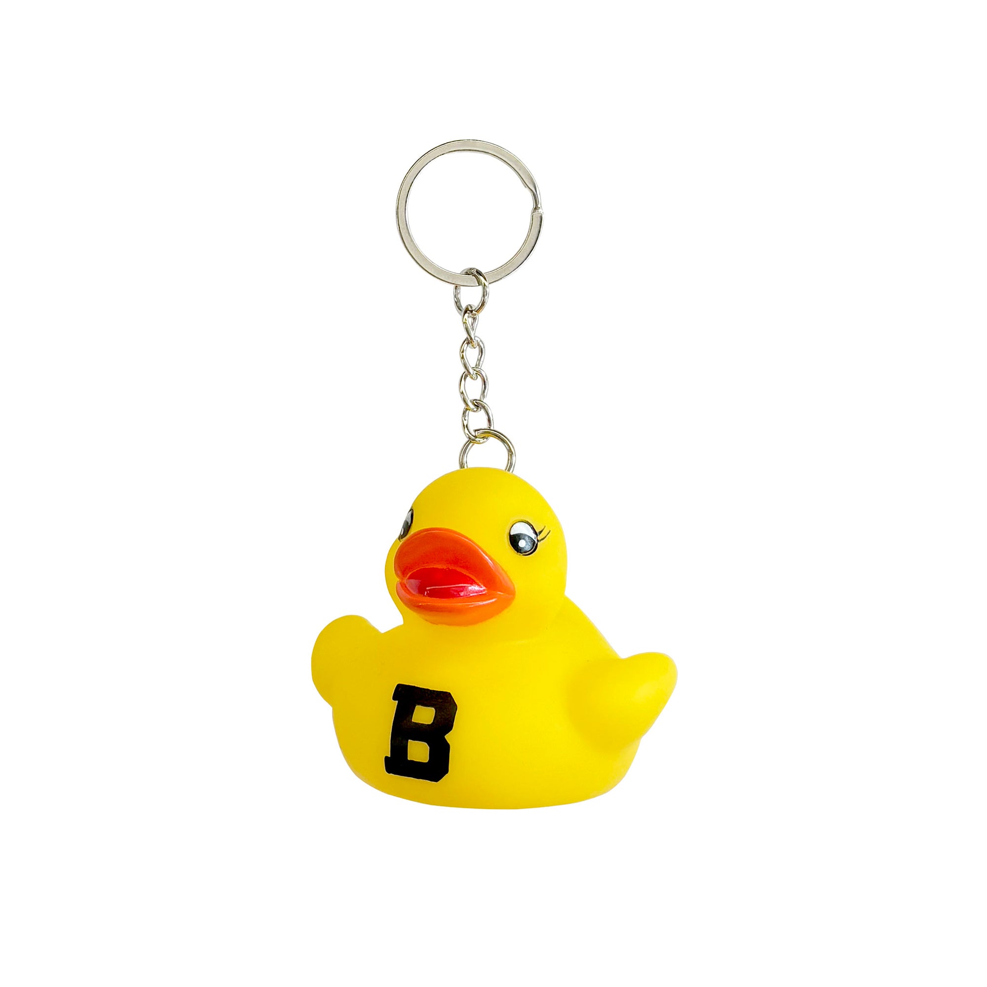 A yellow rubber duck keychain with a black letter 'B' on its chest, attached to a silver metal split ring and chain, shown against a plain white background.