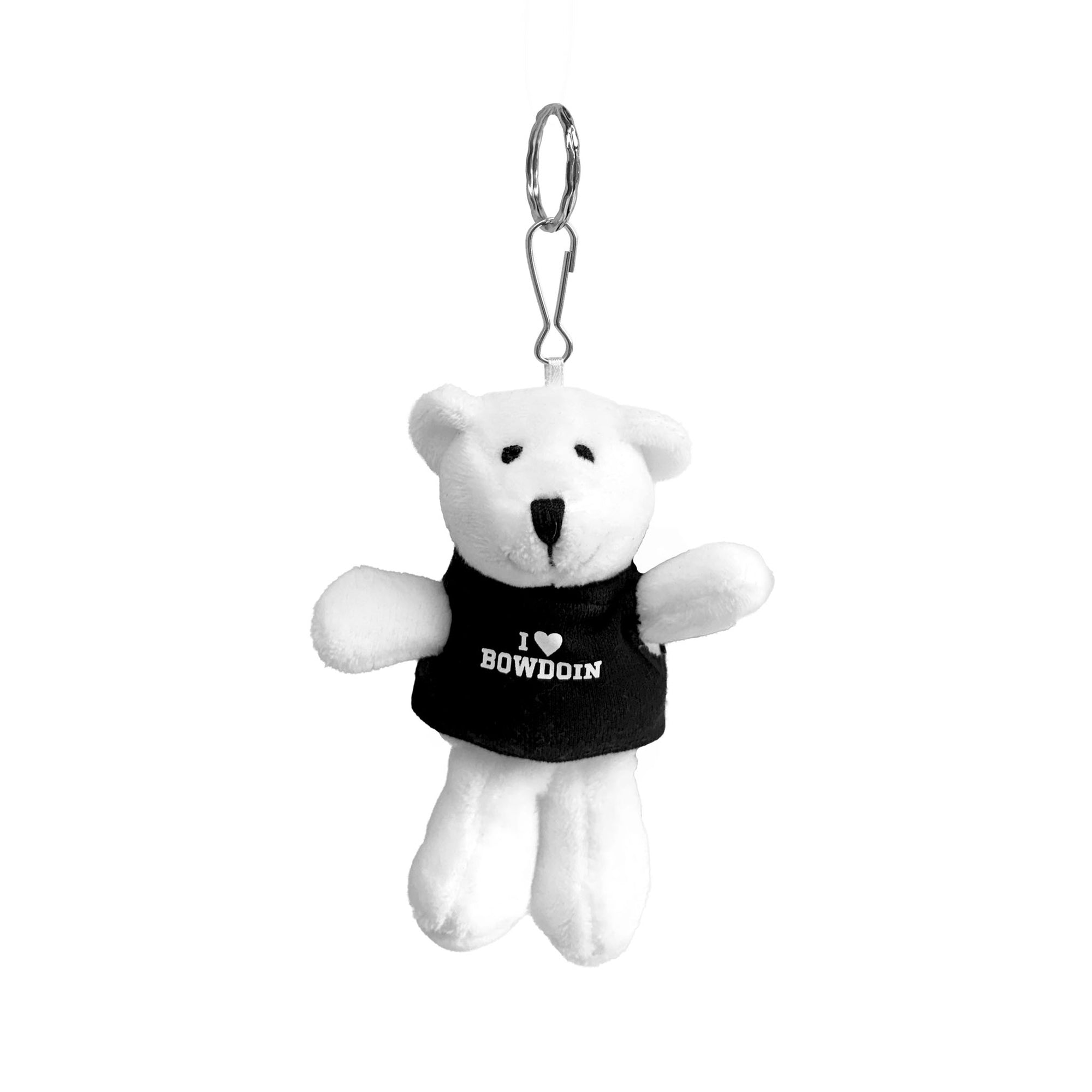 A small plush white teddy bear keychain wearing a black shirt with the text 'I [heart] BOWDOIN' in white, attached to a silver metal key ring, shown against a plain white background.