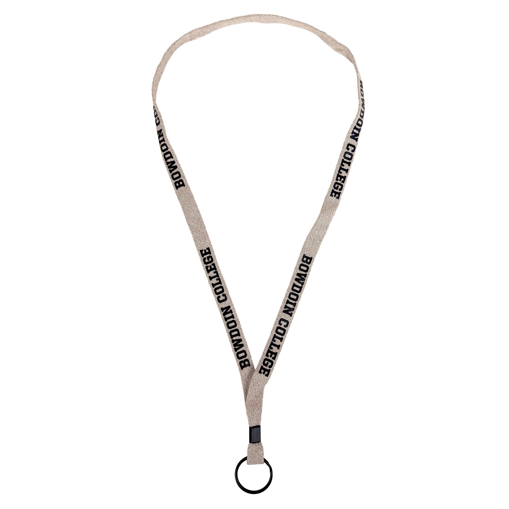 A beige fabric lanyard with 'BOWDOIN COLLEGE' printed in black text, featuring a black metal ring clasp at the bottom, shown on a plain white background.
