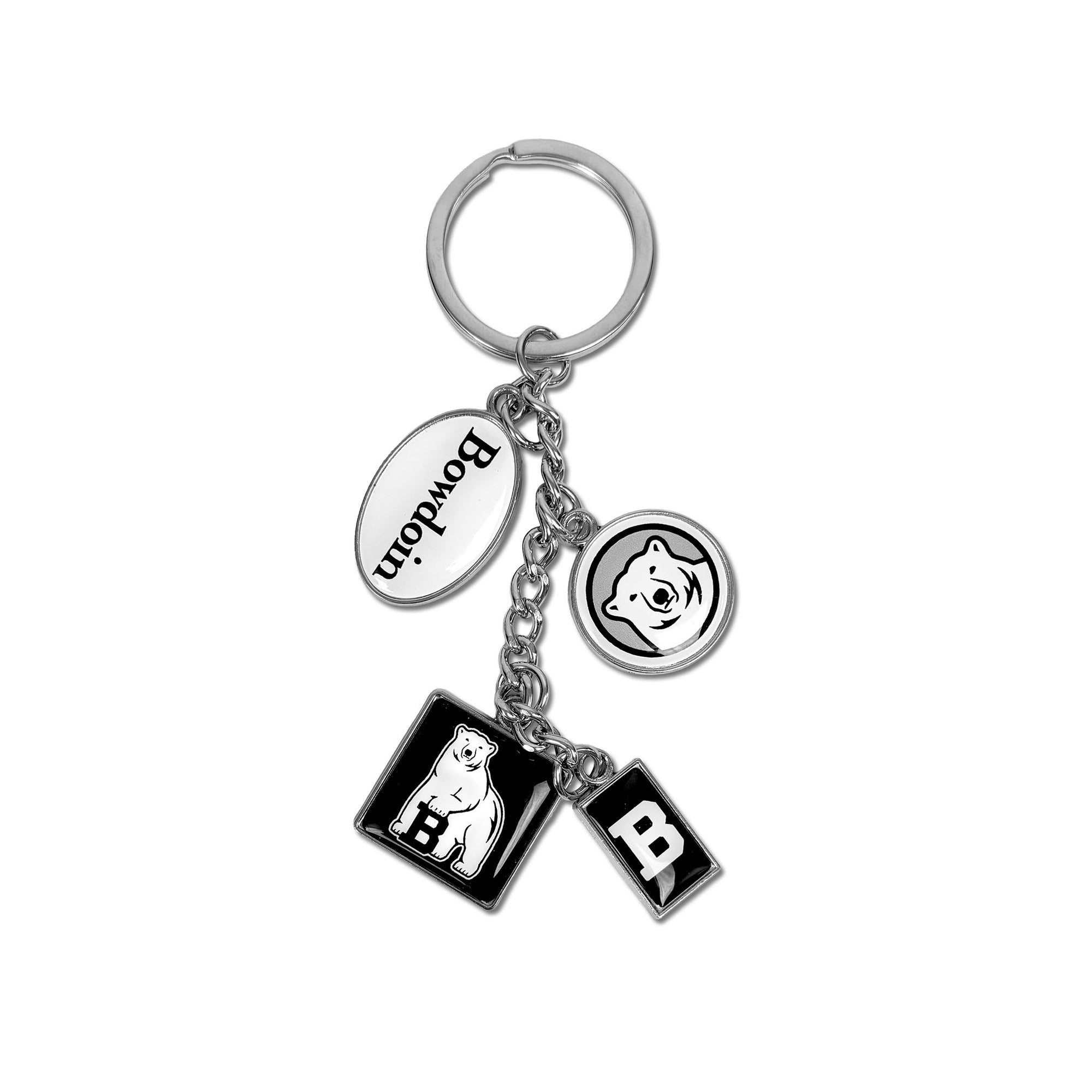 A silver metal keychain with four charms: a white oval charm with 'Bowdoin', a round charm with a bear head, a square black charm with white bear, and a rectangle black charm with letter 'B' design, all attached to a split key ring on a white background.