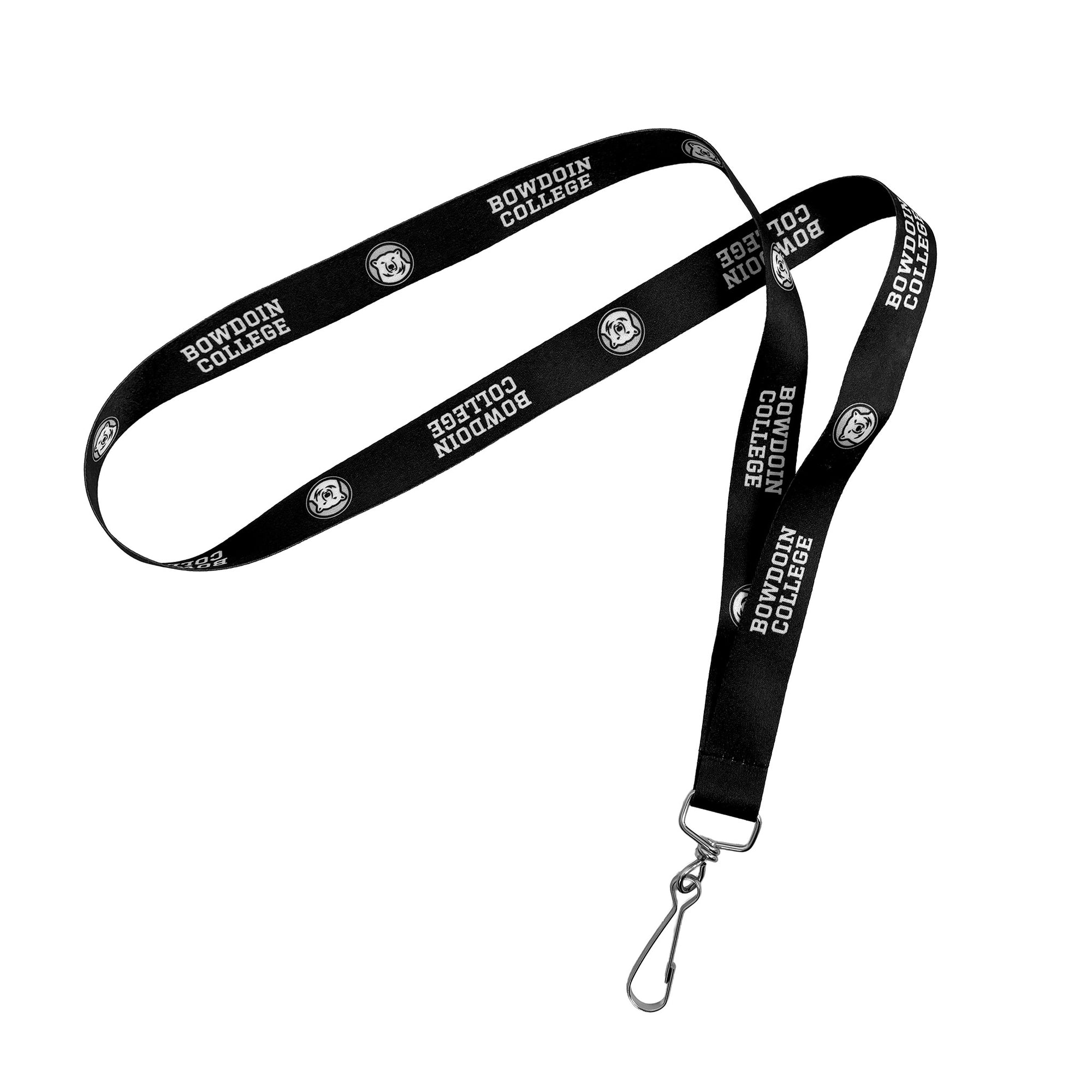 A black nylon lanyard with white printed text reading 'Bowdoin College' and a white polar bear logo, attached to a silver metal J clip.