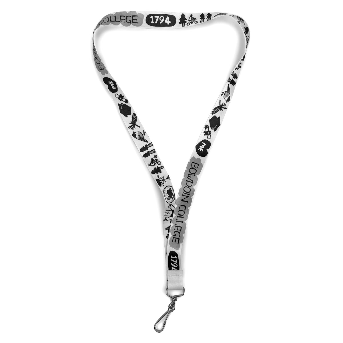 White ribbon lanyard with black and white cartoon illustrations of Bowdoin College icons like a diploma, pine trees, and 1794.