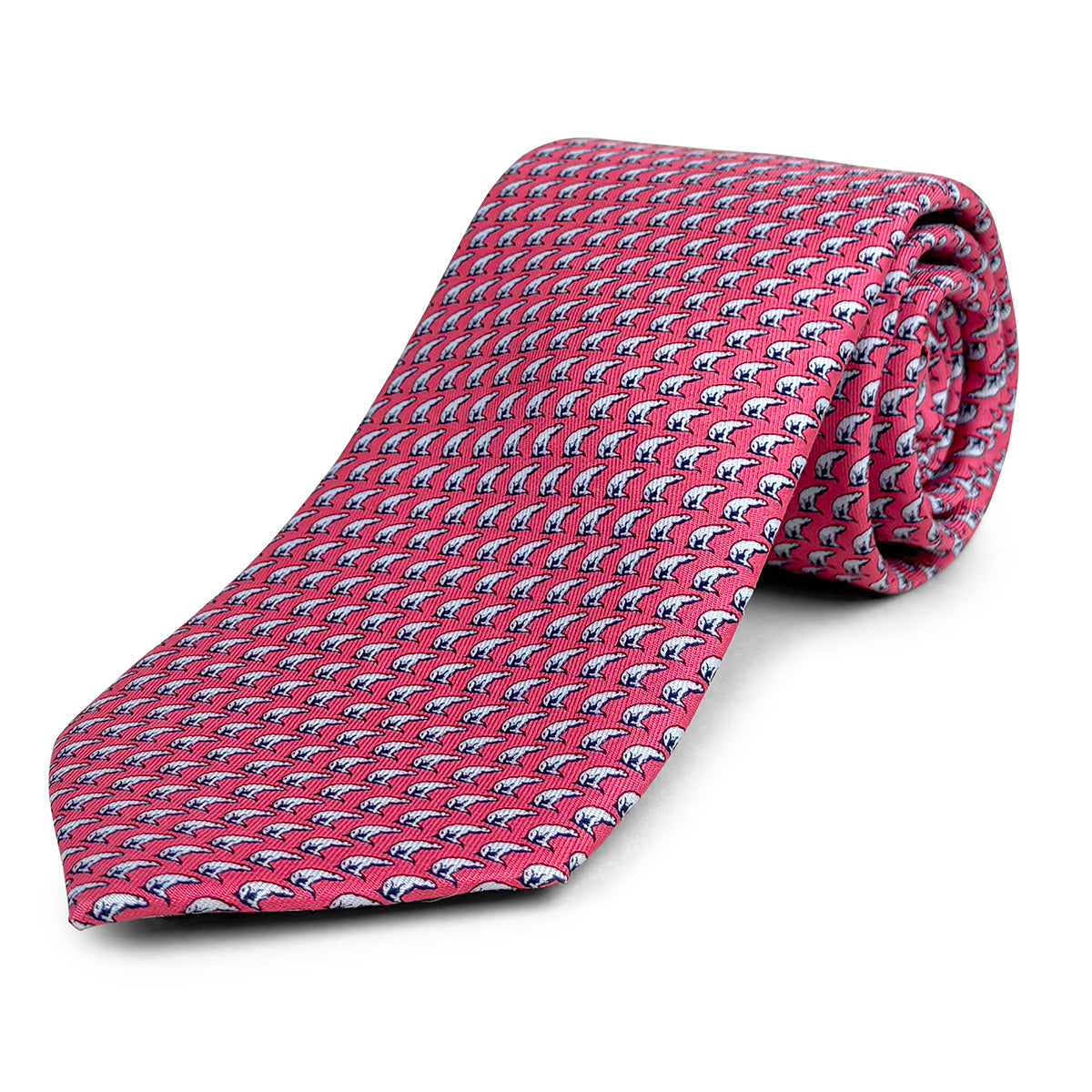 Pink silk tie with an all-over imprint of the Hyde Plaza polar bear.