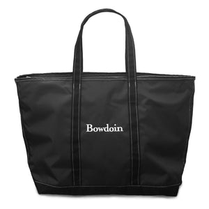 Granite grey nylon boat style tote bag with black reinforced handles and bottom. White Bowdoin embroidery in center of bag front.