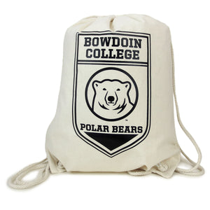 Natural canvas drawstring bag with shield-shaped black imprint with BOWDOIN COLLEGE over mascot medallion over POLAR BEARS