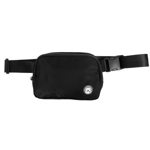Black zippered waist bag with nylon belt with plastic clip. Small Bowdoin mascot medallion on lower right corner.