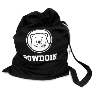 Black laundry sack with black strap and white drawstring and white mascot medallion over BOWDOIN imprint.