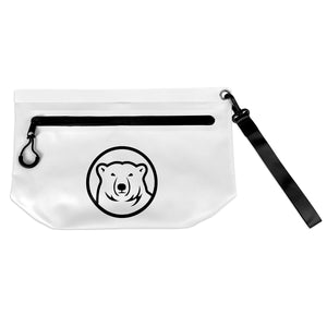 White waterproof pouch with black carrying strap and zipper. Black imprint of polar bear medallion.