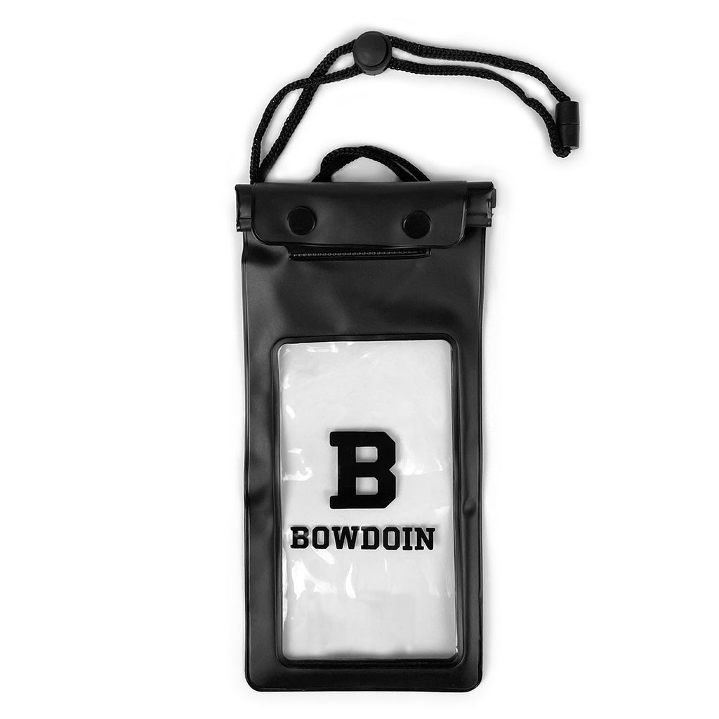 Black phone pouch with clear panels in front and back. B over BOWDOIN imprint on front panel.