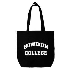 Black tote bag exterior with white imprint of BOWDOIN arched over COLLEGE.