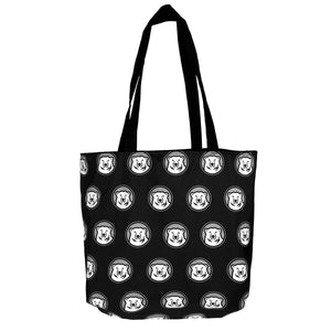 Reversed view of tote bag showing all-over print of three-color polar bear medallions.