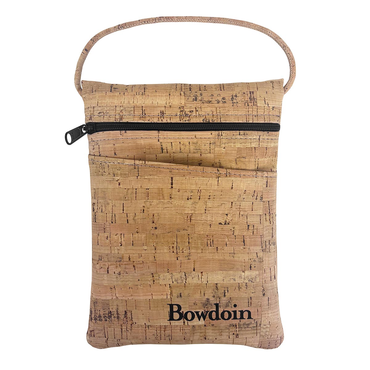 Natural cork bag with front slide pocket and zippered compartment. Black BOWDOIN wordmark imprint on lower left corner.
