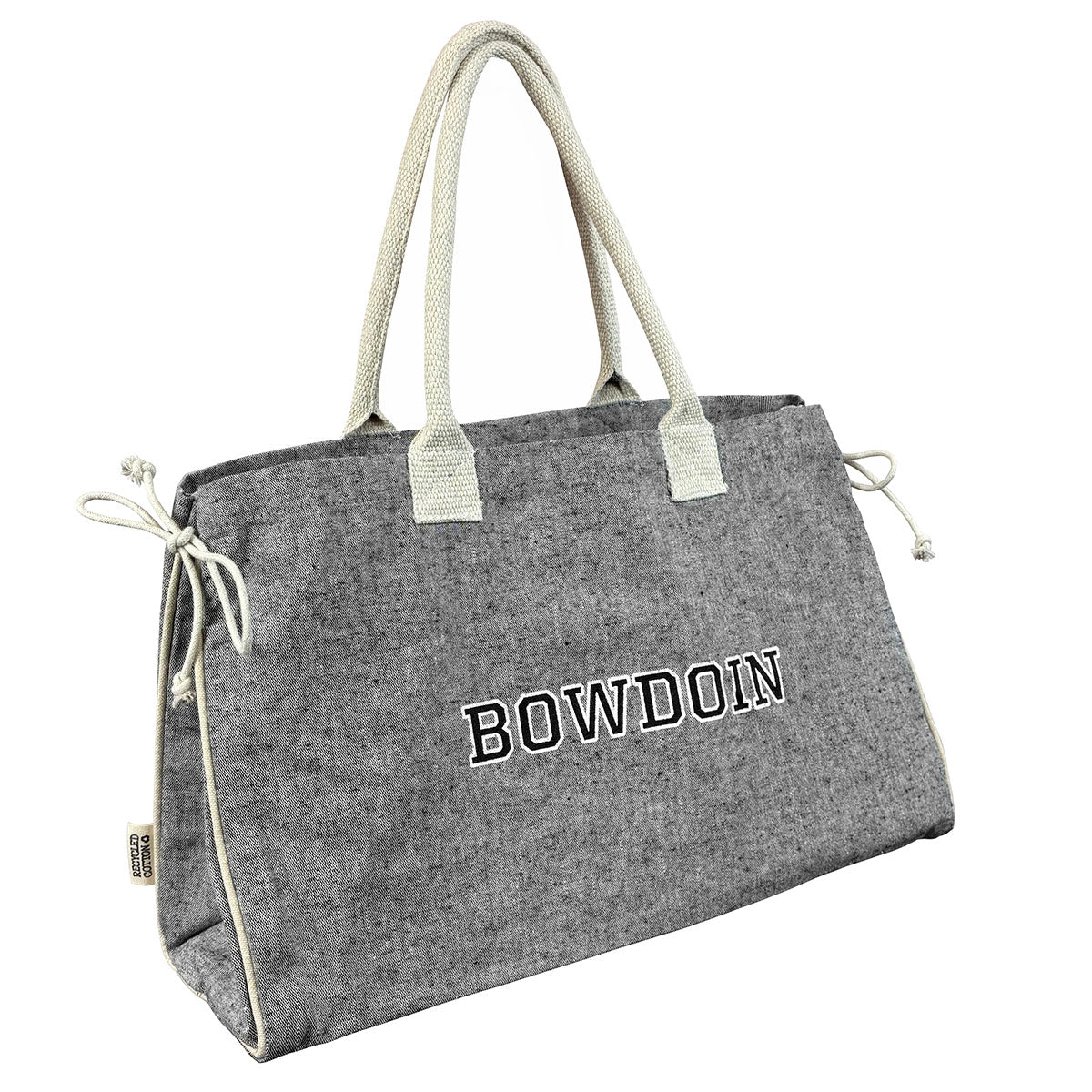 Gray tote bag with natural piping and handles. 'BOWDOIN' text on a white background.