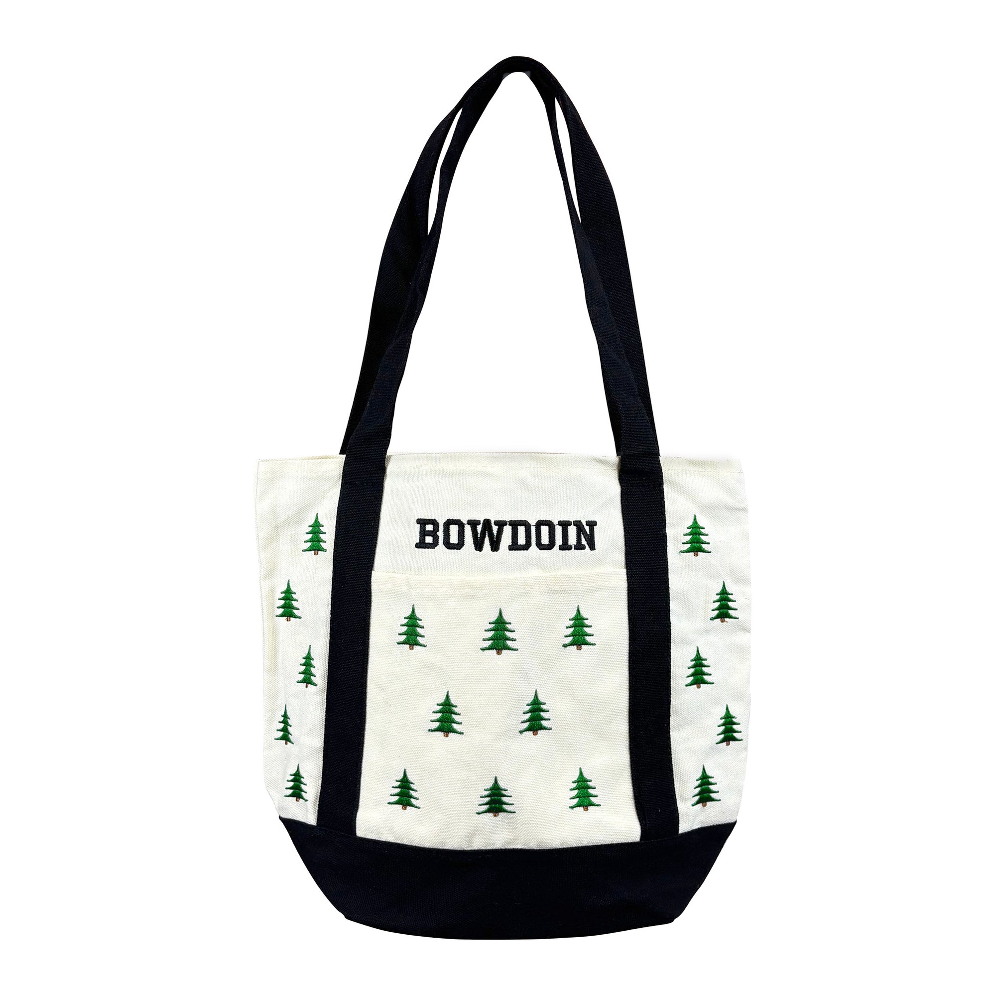 An off-white canvas tote bag with black handles and a black bottom base, decorated with a green pine tree pattern and the word 'BOWDOIN' embroidered in black across the front.