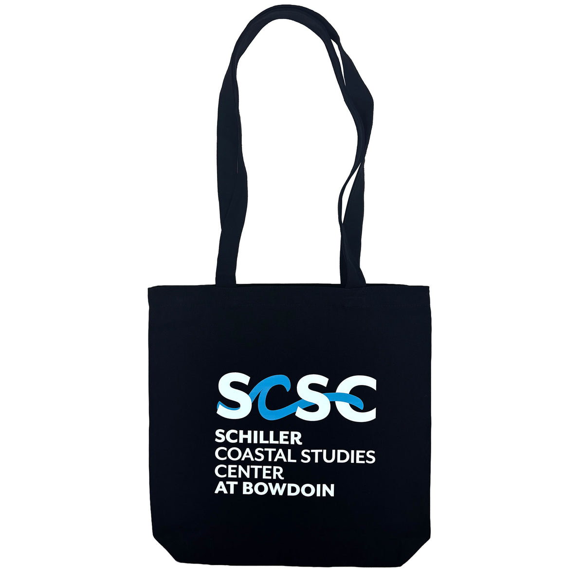 A black canvas tote bag with two shoulder straps, featuring a white and blue printed logo and text that reads 'SCSC' and 'SCHILLER COASTAL STUDIES CENTER AT BOWDOIN' on a plain white background.