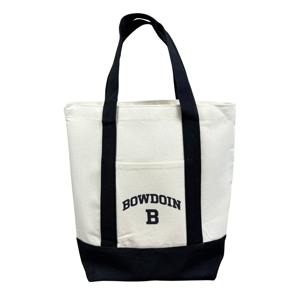 Natural canvas tote bag with black handles and bottom. BOWDOIN arched over the letter B is printed in black on the front pocket. The bag is shown on a white background.