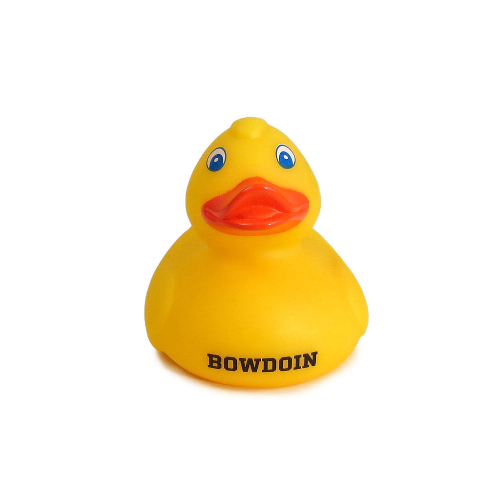 Classic yellow rubber duckie bath toy with black BOWDOIN imprint on chest.