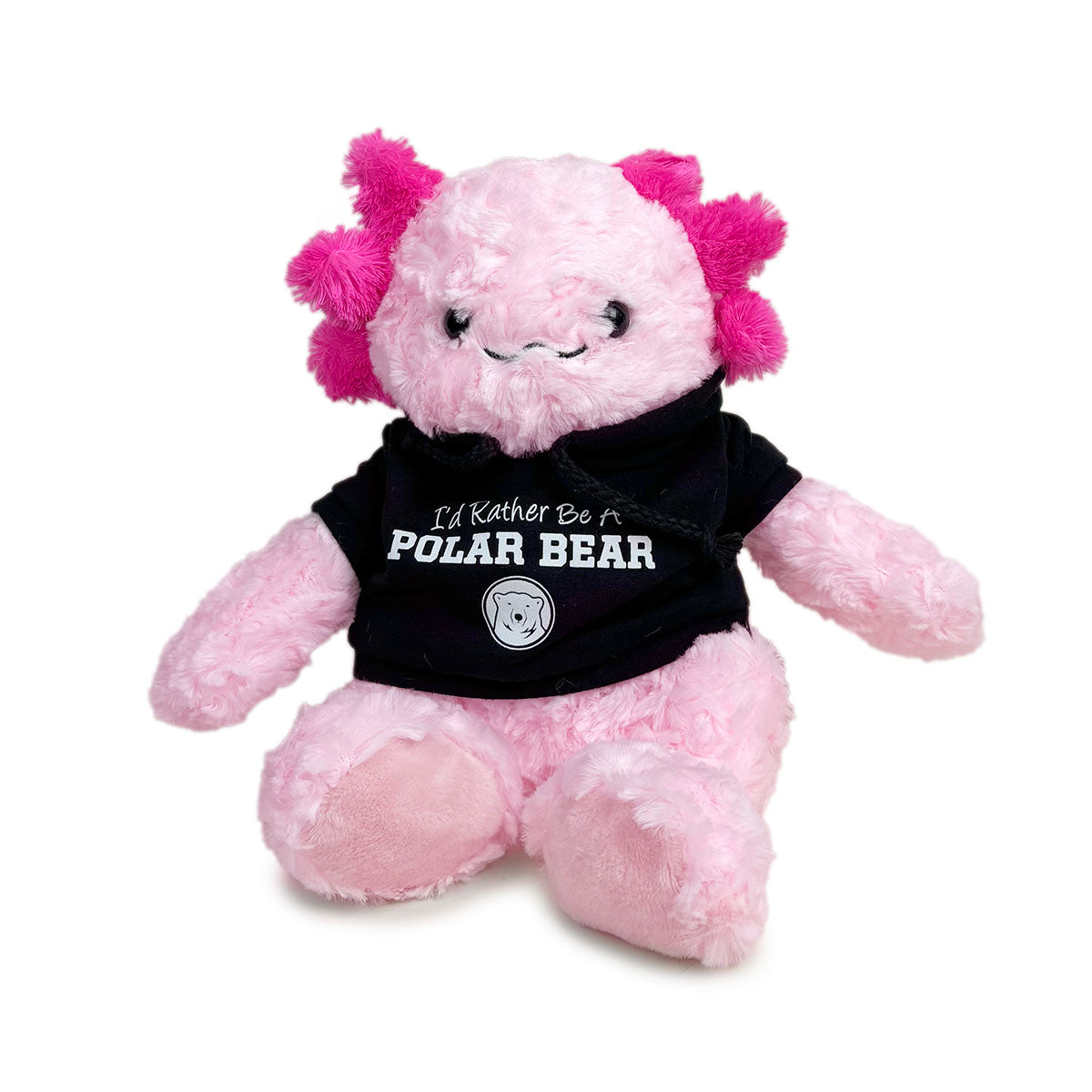 Pink plush axolotl with black hoodie saying 'I'd Rather Be A Polar Bear' on a white background