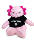 Pink plush axolotl with black hoodie saying 'I'd Rather Be A Polar Bear' on a white background