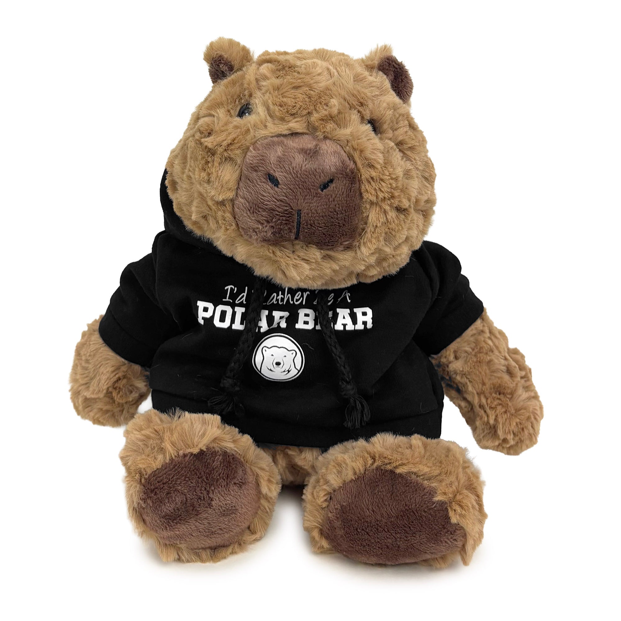 A plush capybara toy wearing a black hoodie with 'I'd rather be a POLAR BEAR' and a polar bear logo printed on the front, set against a plain white background.