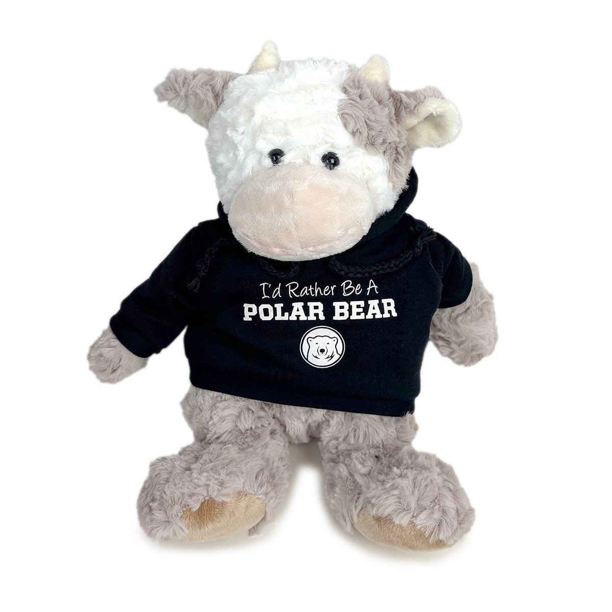 Plush cow wearing a hoodie with 'I'd Rather Be A Polar Bear' text on a white background