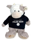 Plush cow wearing a hoodie with 'I'd Rather Be A Polar Bear' text on a white background