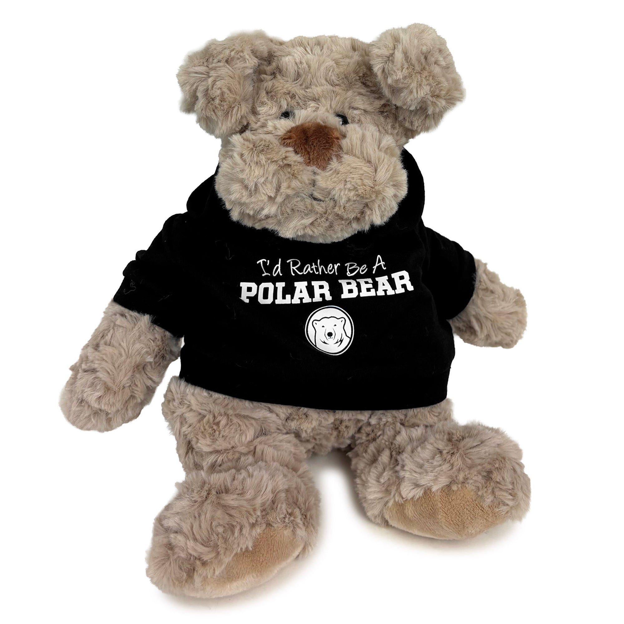 A plush dog with shaggy light brown fur wearing a black hoodie that says 'I'd Rather Be A POLAR BEAR' in white text with a polar bear graphic.